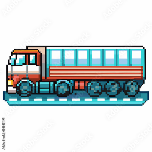 Pixel art cargo truck on road, retro digital transport vehicle with glass container, transportation, pixel illustration