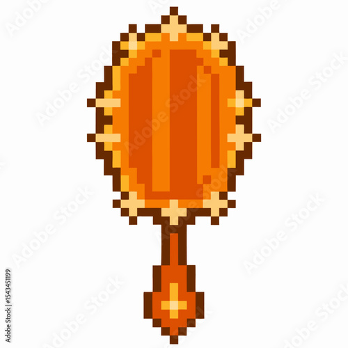 Retro pixel art handheld mirror with ornate frame and handle eight bit vintage magic artifact, fantasy game item icon