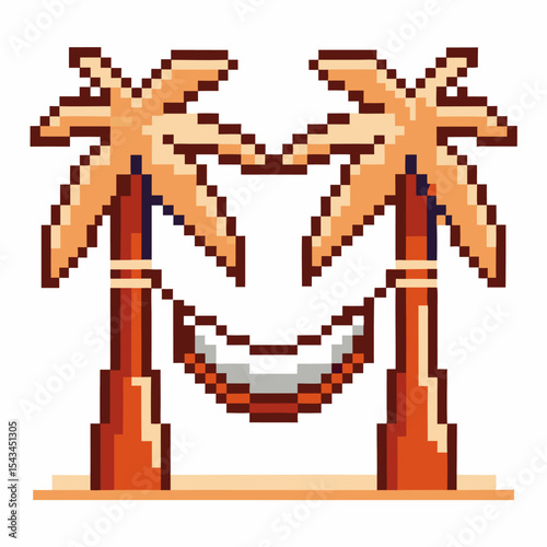Pixel art tropical scene with palm trees and hammock, relaxing beach vacation and summer holiday concept