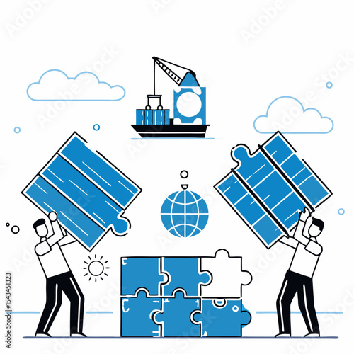 Global Logistics and Supply Chain Solutions: Two Individuals Connecting Puzzle Pieces for Seamless Business Operations

