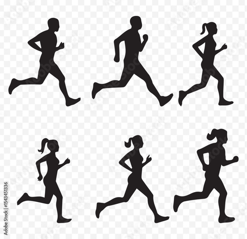 Silhouette of man and woman running side by side, symbolizing fitness, healthy lifestyle, exercise, marathon training, and active sports activity design on Transparent Background. EPS 10.