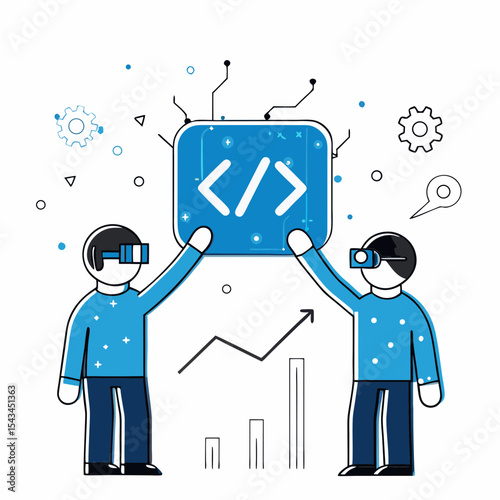 Two Developers Collaborating on Code Development and Technology Solutions with Data Visualization

