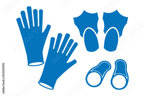 Bold Blue Vector Icon Set of Diving Gear Including Gloves and Flippers for Underwater Sports, Safety Designs, and Aquatic Graphic Projects