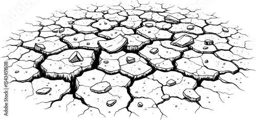 Cracked ground with scattered debris and stones in monochrome ink drawing. Vector illustration
