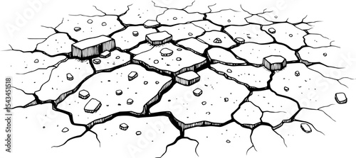 Cracked ground with scattered debris and stones in monochrome ink drawing. Vector illustration
