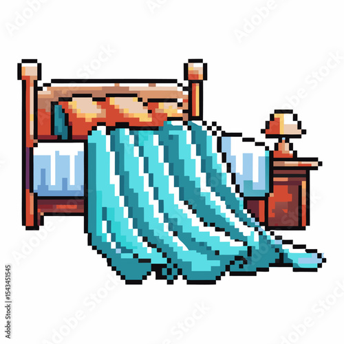 Cozy pixel art bed with pillows and blue blanket, wooden frame, and bedside table with lamp in retro