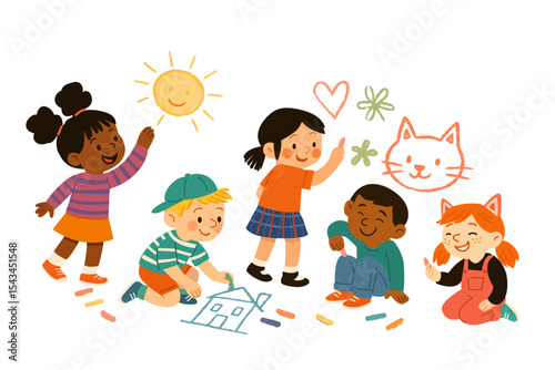 Cheerful and creative children making art with colored crayons. Adorable preschool boys and girls happily sketching with pencils and chalk. Kids drawing on the wall. Flat vector illustration 