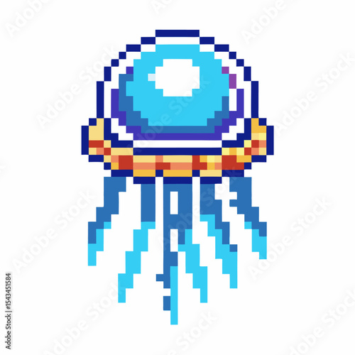 Retro pixel jellyfish illustration with blue glowing dome and trailing tentacles, vintage underwater marine digital art