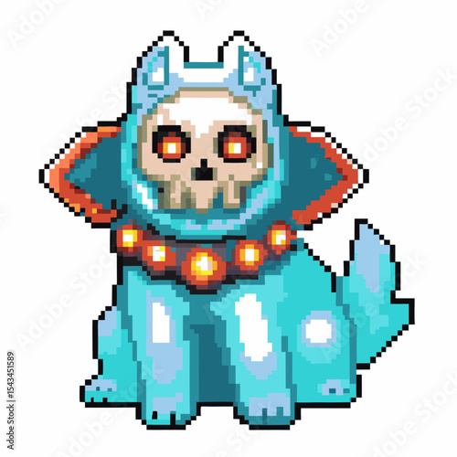 Pixel art mystical blue cat with glowing red eyes, skull face, and ornate collar fantasy digital character illustration