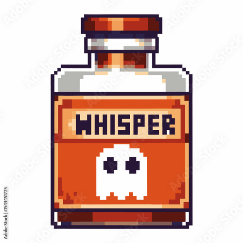 Pixel art magic potion bottle labeled whisper, retro video game style, orange glass container with ghost symbol