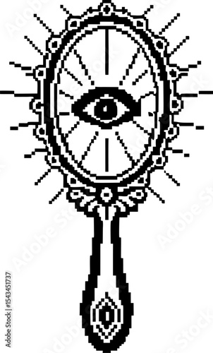 Mystical vintage hand mirror with all seeing eye symbol monochrome pixel art, occult esoteric design, magical vision concept