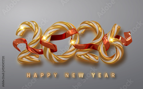 Golden 2026 New Year Numbers With Glossy Red Ribbon On Gray Background. Festive Luxury Design For Holiday Greeting Cards, Banners, Or Invitations. Vector Illustration