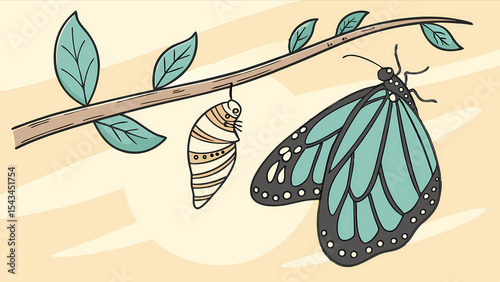 Butterfly life cycle illustration monarch butterfly chrysalis metamorphosis on branch with leaves art