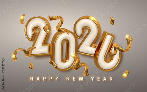 Golden 2026 New Year Numbers With 3D Glossy Style And Confetti Elements On Elegant Background. Perfect For Holiday Cards, Banners, Or Social Media. Vector Illustration