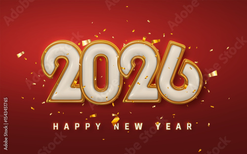 New Year 2026 Celebration With Golden 3D Numbers, Confetti, And Red Background. Festive Holiday Design Perfect For Greetings And Posters. Vector Illustration
