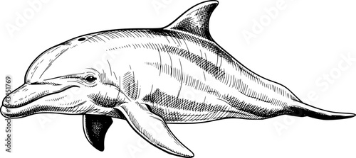 Hand-drawn dolphin sketch in black ink, realistic illustration. Vector illustration
