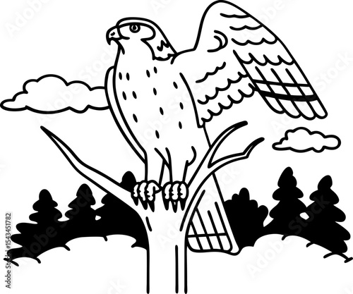 Eagle perched on tree branch with wings open, forest silhouette and clouds background majestic wild bird illustration, nature scene