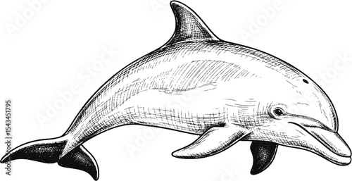 Hand-drawn dolphin sketch in black ink, realistic illustration. Vector illustration
