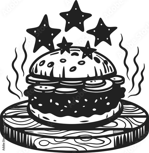 Burger illustration with cheese, stars, and steam lines on wooden board gourmet sandwich, fast food icon, tasty meal