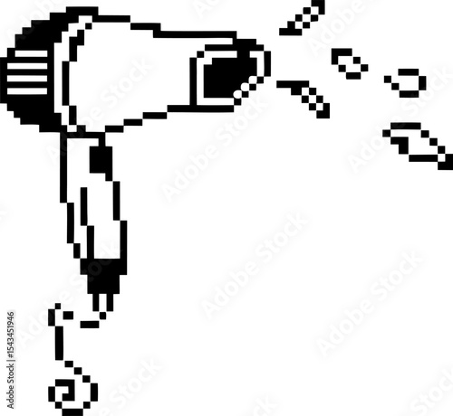 Retro pixel art hair dryer blowing air, minimal black and white illustration of vintage grooming appliance for styling