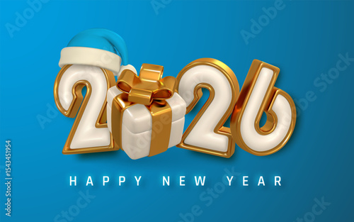 Happy New Year 2026 Design with Gift Box, Golden Numbers, and Santa Hat on Blue Background. Festive Holiday Celebration Style for Greeting or Banner. Vector Illustration