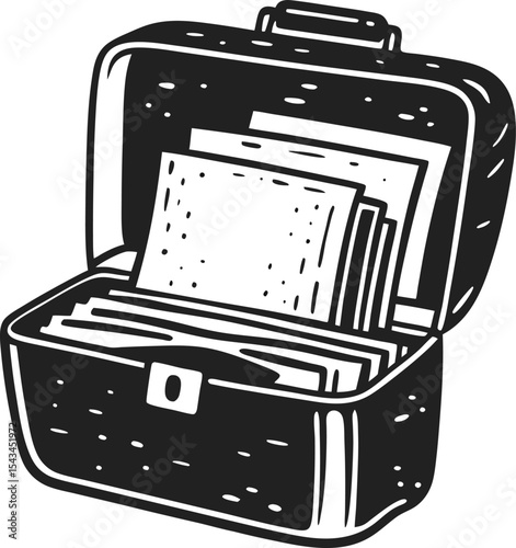 Recipe card box illustration with vintage design, organizer for handwritten kitchen recipes, black and white sketch