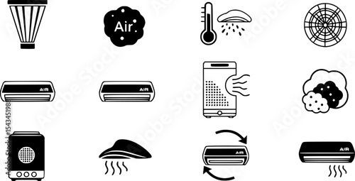 set of air icons, such as air filter, temperature, air purifier, dust