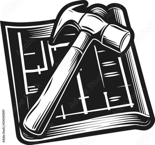 Hammer and blueprint illustration construction planning, carpentry tools, architectural project, building renovation, repair concept