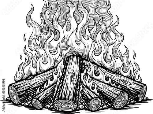 Illustration of a burning bonfire with wooden logs in detailed black lines. Vector illustration

