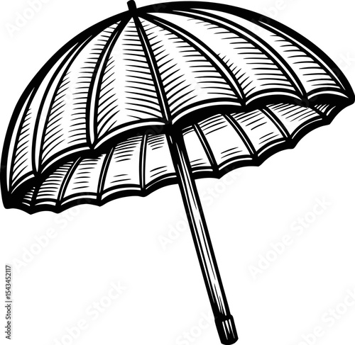 Hand drawn beach umbrella illustration vintage striped sunshade sketch, summer vacation icon, black and white retro