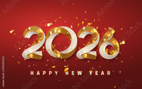 Happy New Year 2026 Text in Gold and White with Shiny Confetti on Red Background. Luxurious Holiday Celebration Style for Greeting Cards or Banners. Vector Illustration