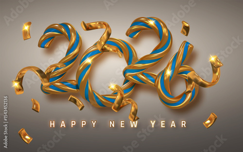 2026 New Year Celebration Design with Twisted Gold and Blue Glossy Ribbon Numbers, Sparkling Confetti, and Festive Elegant Style on Gradient Background. Vector Illustration