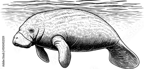 Black and white illustration of a swimming manatee in vintage style art. Vector illustration
