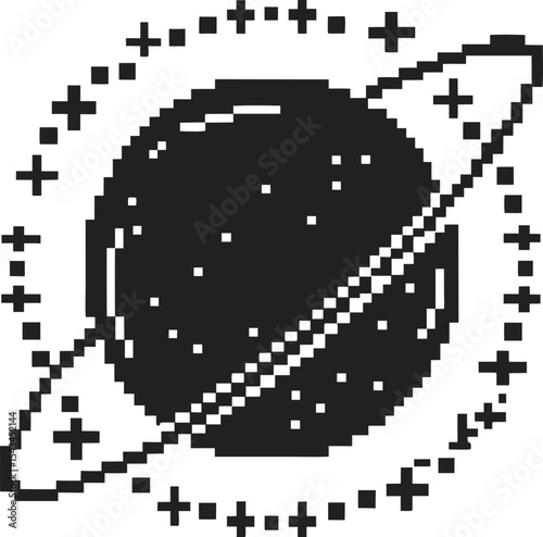 Pixel art planet with rings and surrounding stars retro space design, astronomy symbol, cosmic celestial body illustration