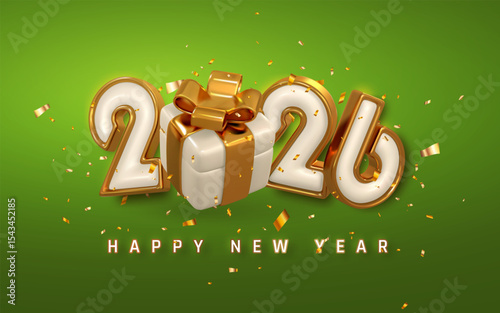 New Year 2026 Celebration With Gold Gift Box, 3D Numbers, And Confetti On Green Background. Festive Holiday Greeting Design. Vector Illustration