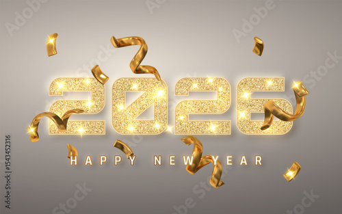 New Year 2026 Celebration With Shiny Golden Glitter Numbers, Sparkling Lights, And Falling Ribbons On Gray Background. Perfect Festive Design. Vector Illustration