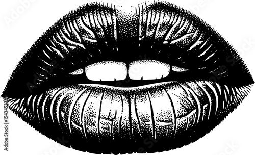 Silhouette of black lips with a detailed texture, representing mystery. Vector illustration
