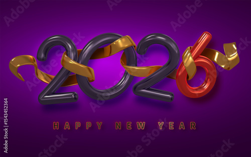 New Year 2026 Celebration Banner With 3D Numbers, Gold Ribbon, And Vibrant Purple Background. Modern Festive Holiday Greeting Design. Vector Illustration