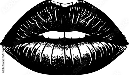 Silhouette of black lips with a detailed texture, representing mystery. Vector illustration
