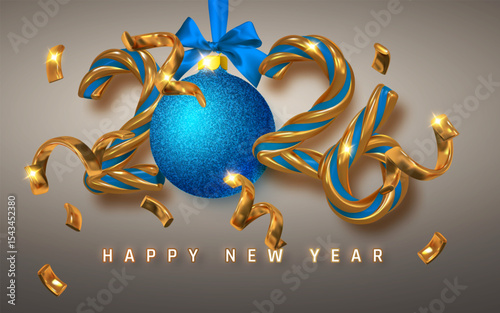 Luxury New Year 2026 Greeting With Gold and Blue Ribbon Numbers, Glitter Ornament, and Confetti on Elegant Background. Festive Holiday Design. Vector Illustration