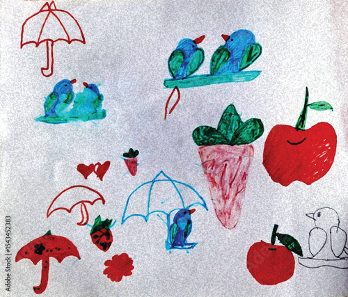 Charming Child's Drawing Umbrellas, Birds, Fruits, and Hearts