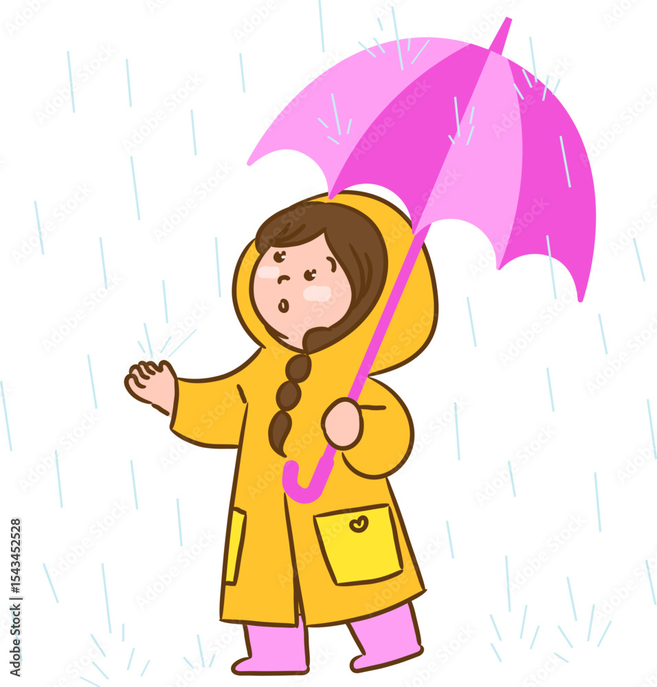 Fototapeta premium Girl in Raincoat Holding Pink Umbrella Illustration