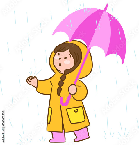 Girl in Raincoat Holding Pink Umbrella Illustration
