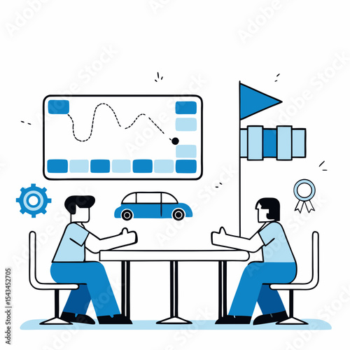 Fleet Management Cartoon with Business Meeting, Data Analysis, and Goal Achievement Vector


