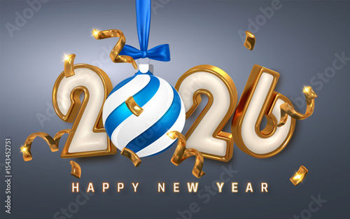 New Year 2026 Celebration With Golden Numbers, Shiny Ribbon, And Christmas Ball On Dark Background. Elegant Festive Holiday Design. Vector Illustration