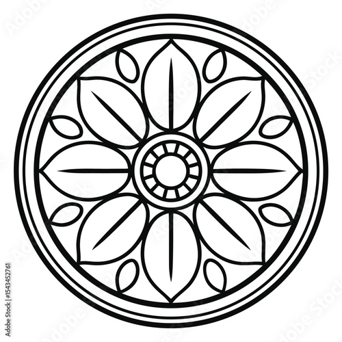 Circular Floral Rosette: Symmetrical Pattern with Petal-Like Shapes, Vector Illustration in Black and White Line Art for Designs and Decorative Purposes.