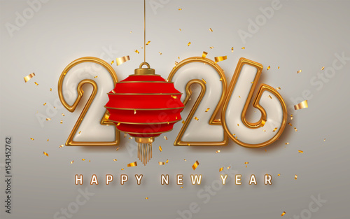 New Year 2026 Celebration With Red Lantern, Golden 3D Numbers, And Festive Confetti On Elegant Background. Perfect For Holiday And Chinese Themed Designs. Vector Illustration