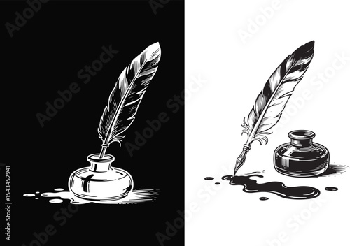 Elegant Quill and Inkwell Icon Set for Writing and Creativity on transparent background