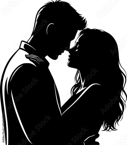 Romantic silhouette of couple facing each other, black and white illustration. Vector illustration
