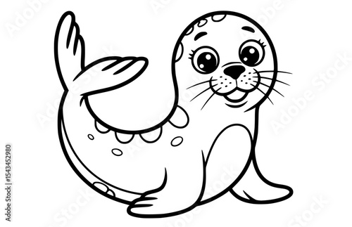 Adorable cartoon seal pup with big eyes and a smile, perfect for children's animal books and marine life education